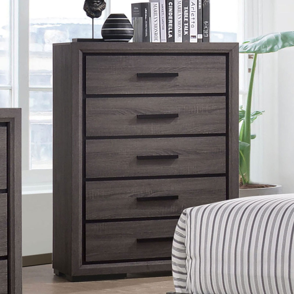 Contemporary Gray Paper Chest for Bedroom Storage with Black Trim