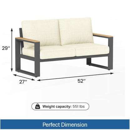 52" All-Weather Aluminum Patio Loveseat Sofa - Beige & Black Cushions