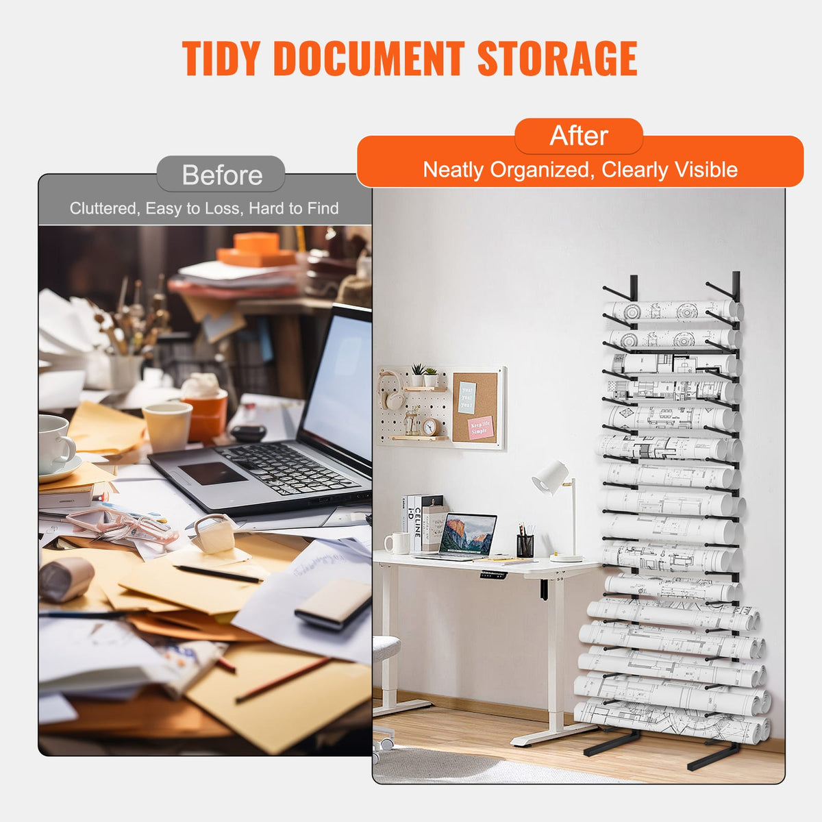 16-Tier Blueprint Storage Rack - Black Iron Display Shelf