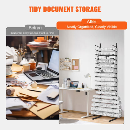 16-Tier Blueprint Storage Rack - Black Iron Display Shelf