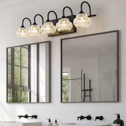 29" Retro 5-Light Bathroom Vanity Light Fixture - Black Finish with Crystal Glass