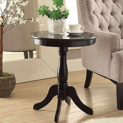 Round Black Wood Accent Table with Turned Pedestal for Living Room