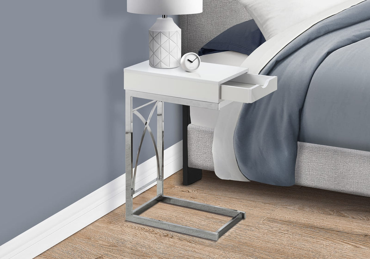 White Particle Board C-Shaped Accent Table with Storage Drawer for Living Room