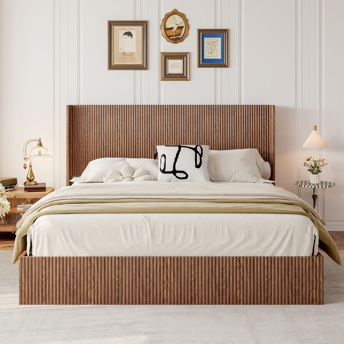 King Size Iron Bed Frame with Natural Wood Storage Platform for Bedroom