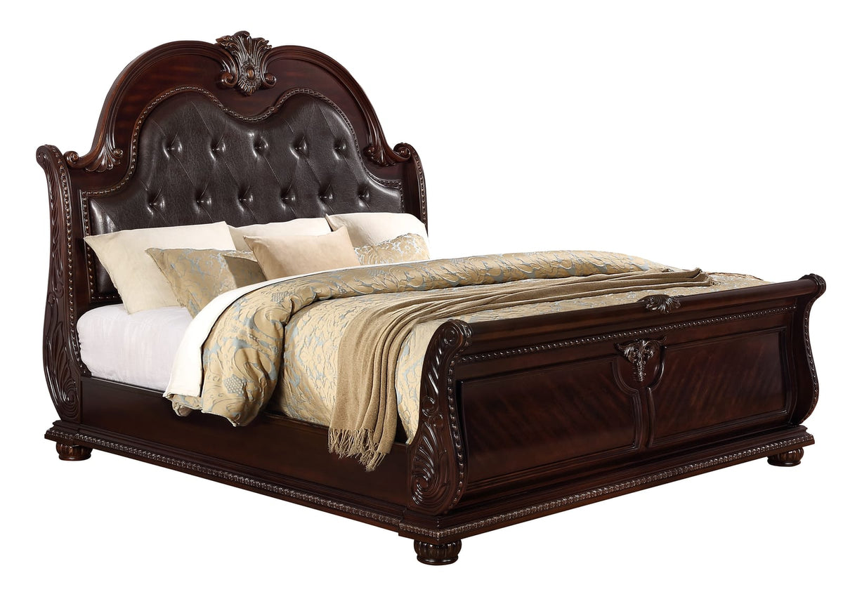 King Size Antique Brown Faux Leather Sleigh Bed for Bedroom