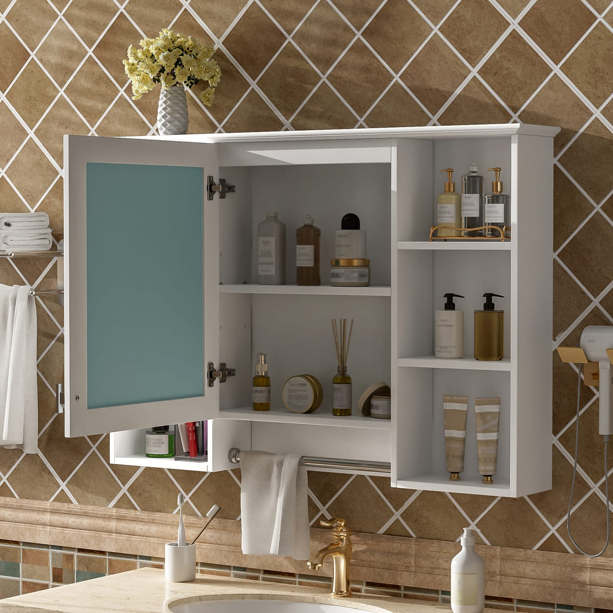 3-in-1 White Bathroom Mirror Cabinet - Wall Mounted Storage