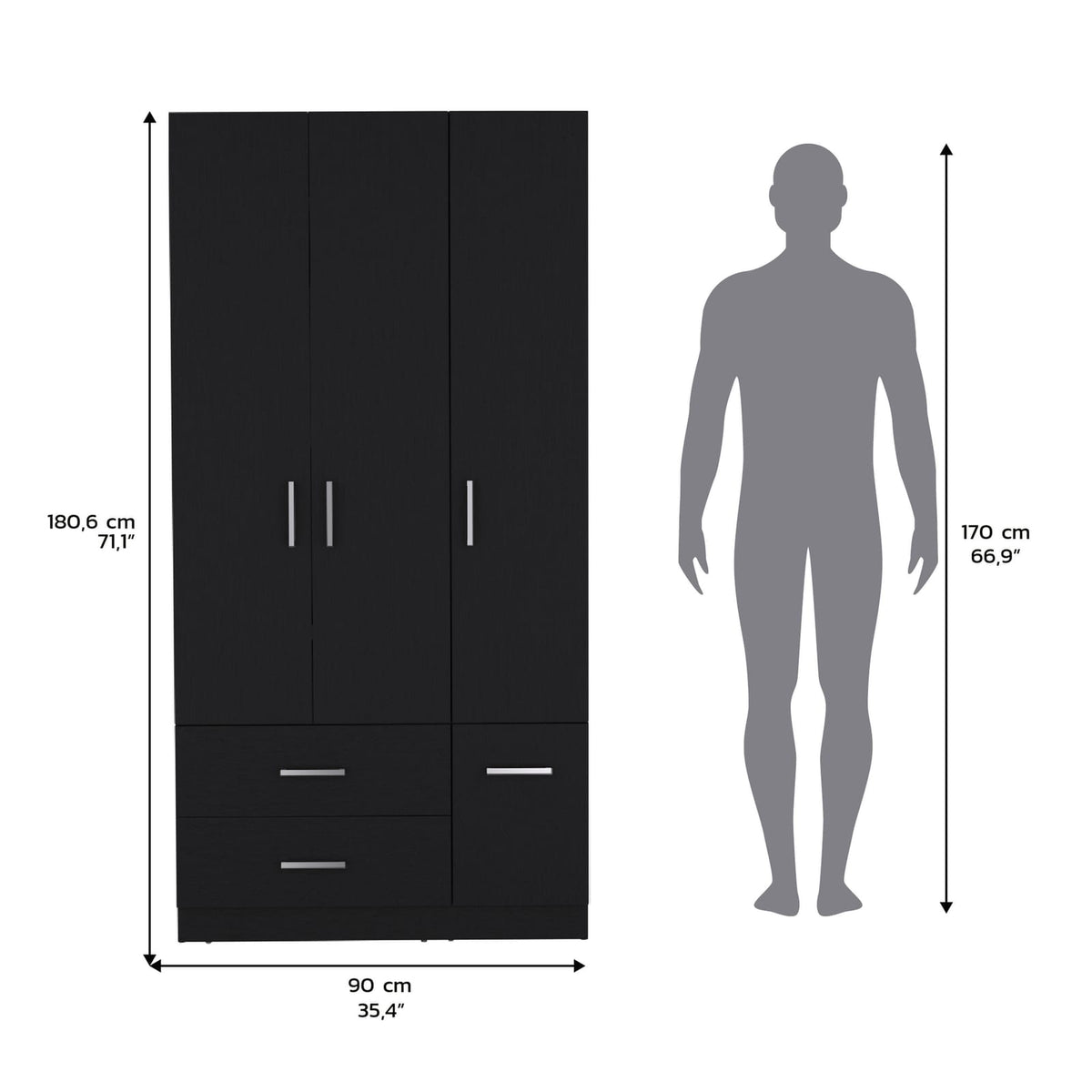 Black 71" Wardrobe with Hanging Rod & Shelves