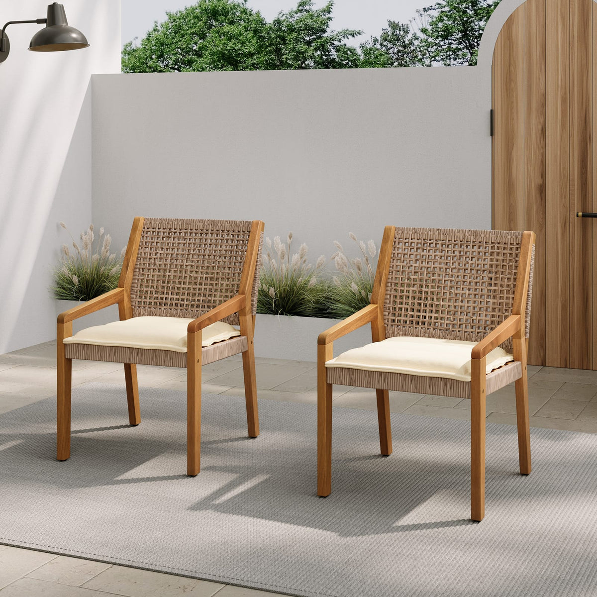 Acacia Wood & Wicker Patio Dining Chairs - Set of 2, Brown Teak Finish
