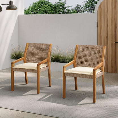 Acacia Wood & Wicker Patio Dining Chairs - Set of 2, Brown Teak Finish