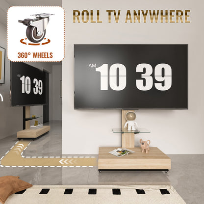 Adjustable TV Stand with Drawer - 32-75 Inch, Natural MDF+Metal for Living Room