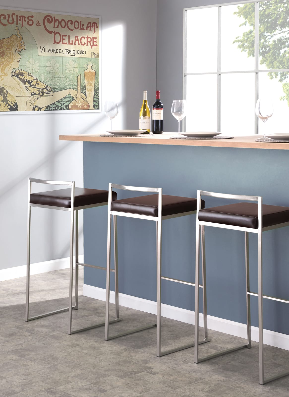 Stackable Barstools Set of 2 in Brown Faux Leather for Kitchen Dining