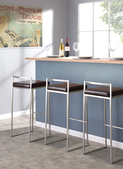 Stackable Barstools Set of 2 in Brown Faux Leather for Kitchen Dining