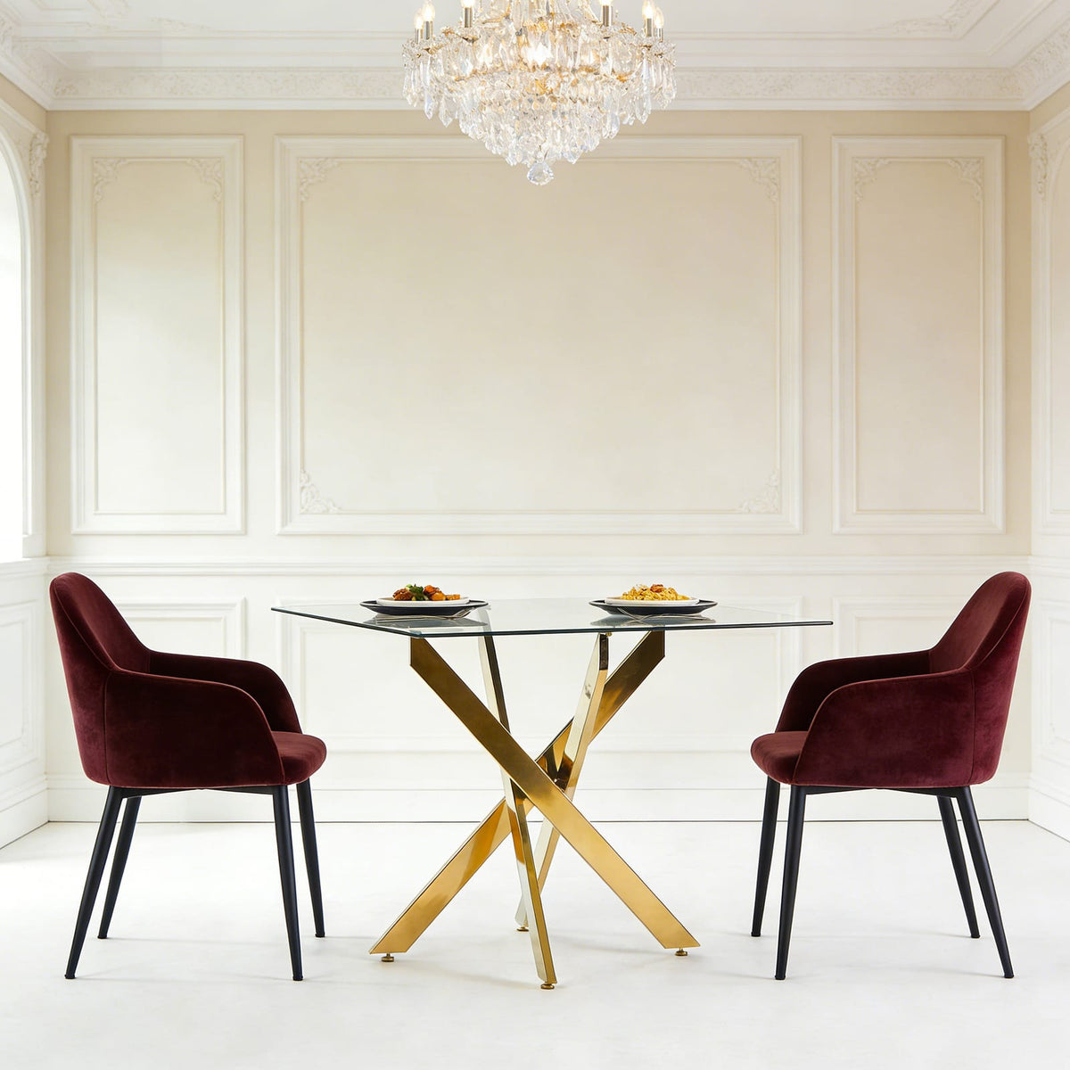 Dining Table with Golden Legs - Modern Glass Top, 90x90cm