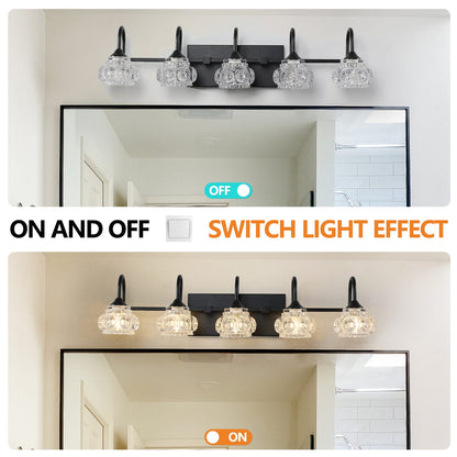 29" Retro 5-Light Bathroom Vanity Light Fixture - Black Finish with Crystal Glass