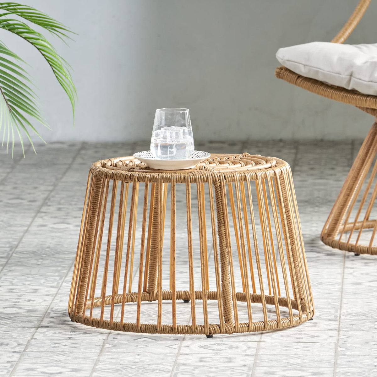 Light Brown Rattan Side Table - Patio Outdoor Furniture