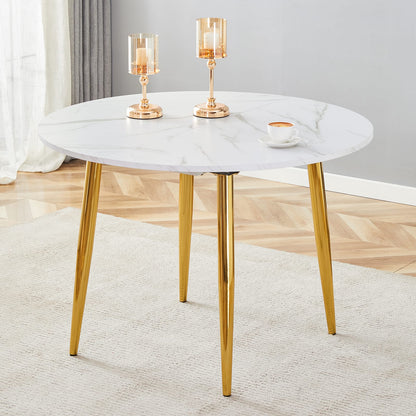Extendable Round Dining Table - White+Gold MDF Metal for Dining Room