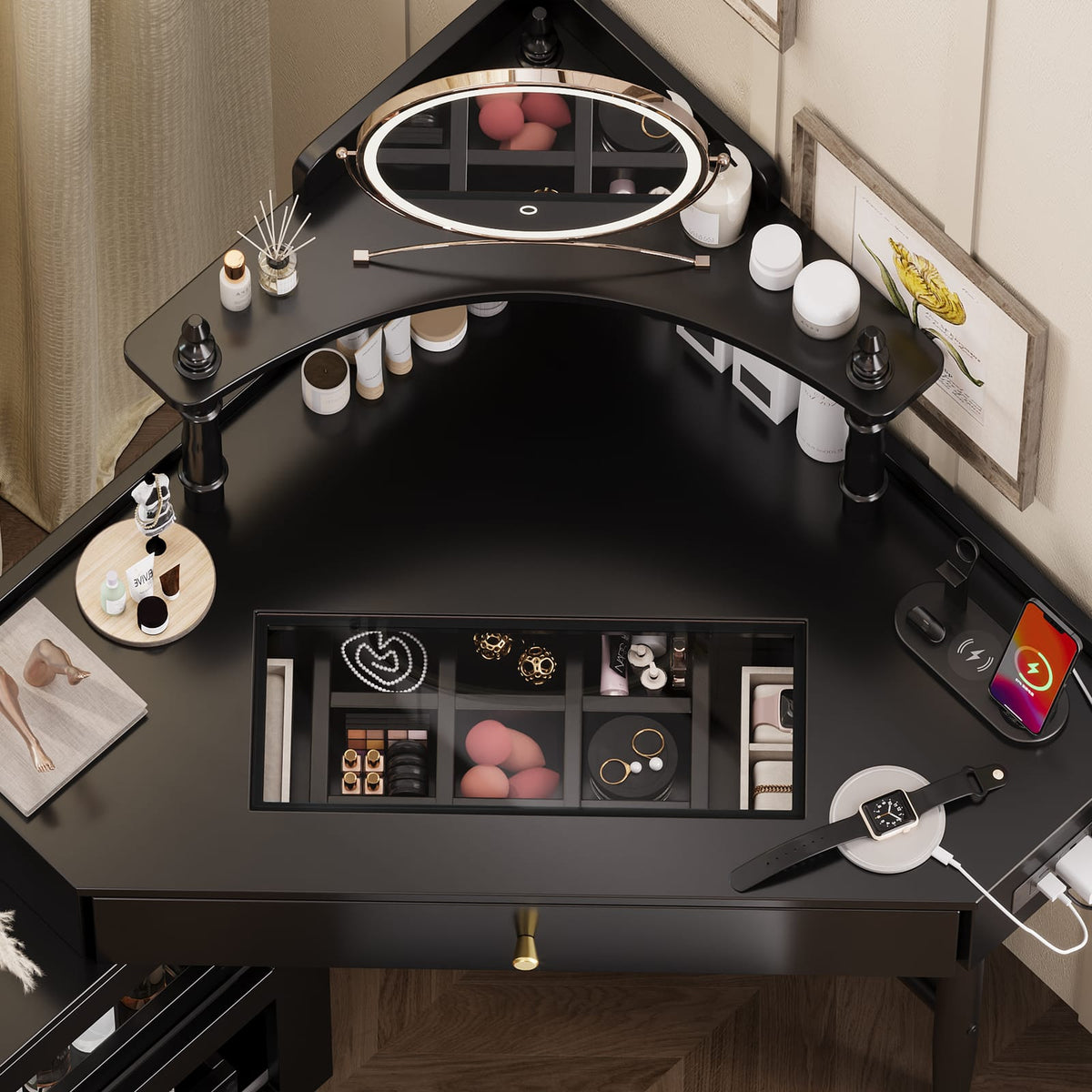 Black Corner Vanity Desk Set - Storage & Charging Station