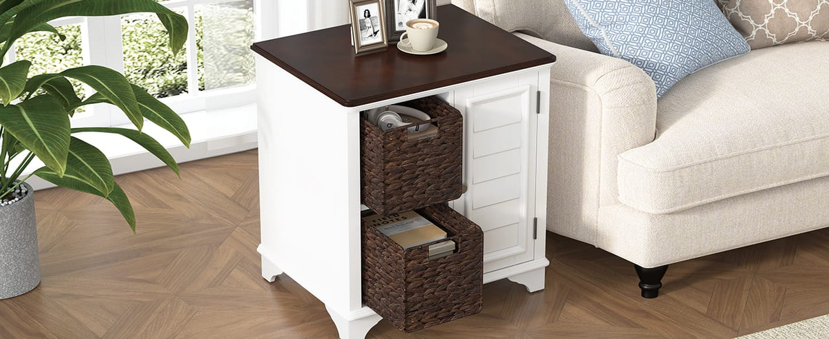 White MDF End Table with Baskets - 23.1" x 18.1"