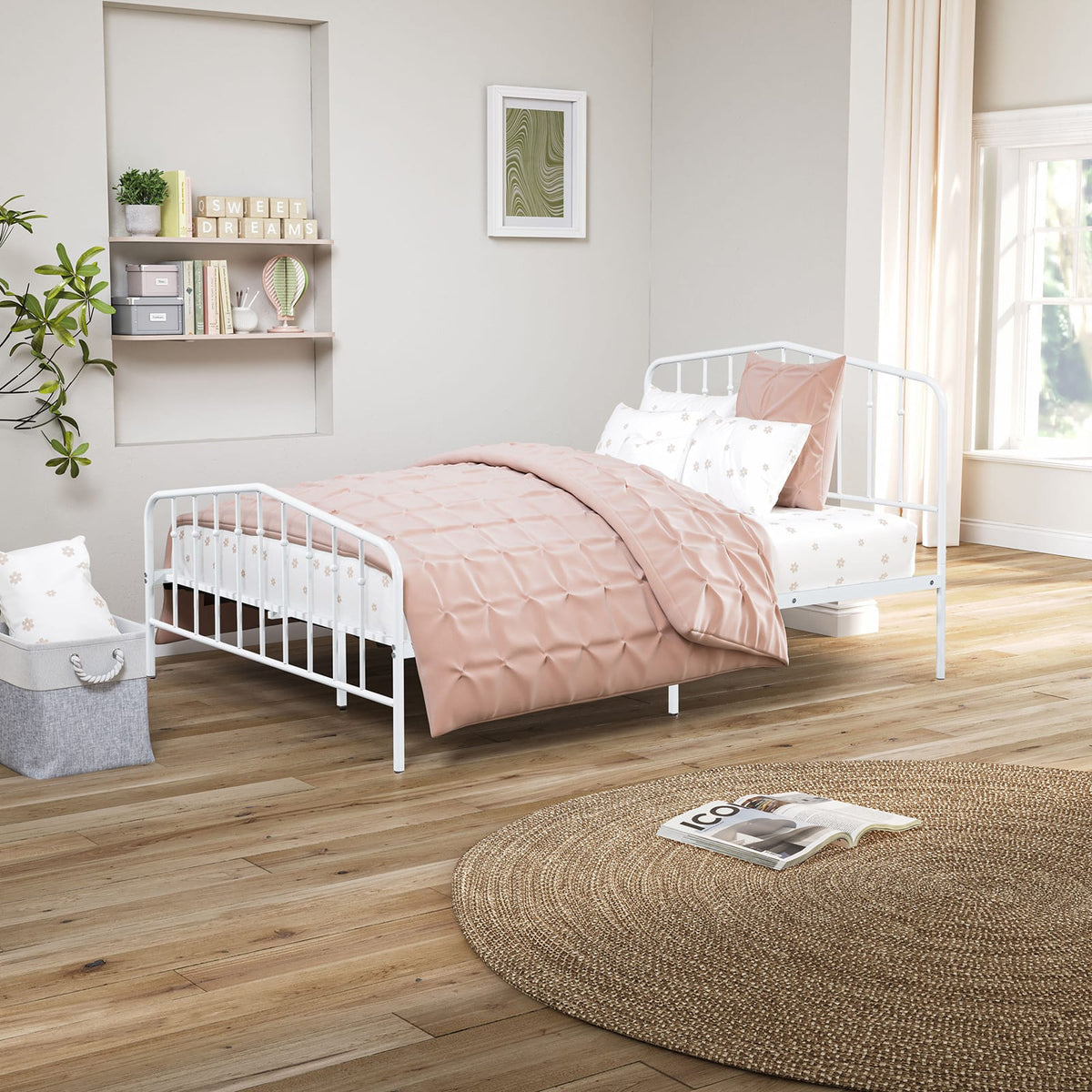 White Metal Full Bed Frame with Modern Contemporary Design for Bedroom