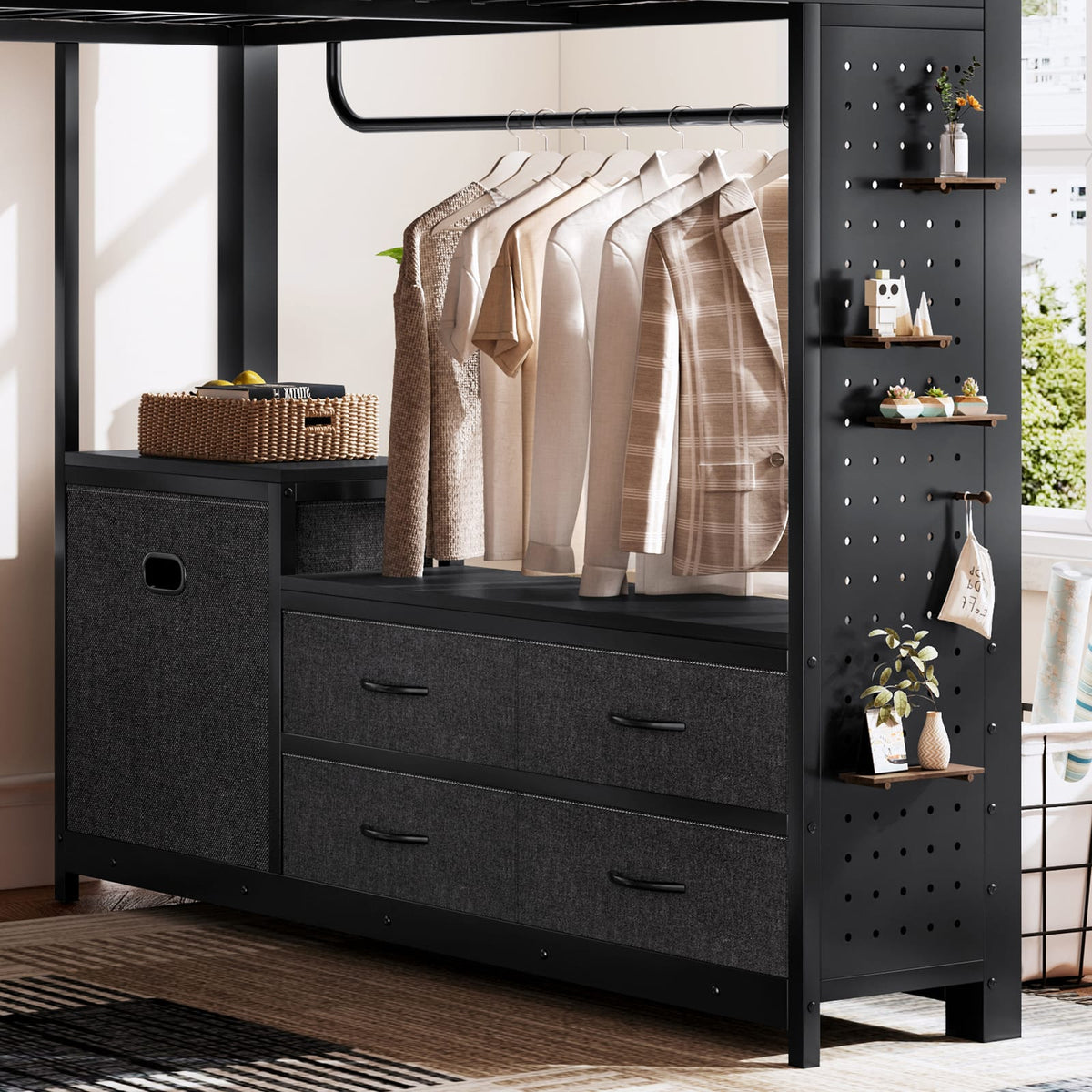 Queen Size Loft Bed with Desk - Black MDF Metal Frame for Bedroom