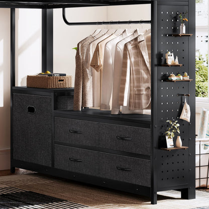 Queen Size Loft Bed with Desk - Black MDF Metal Frame for Bedroom