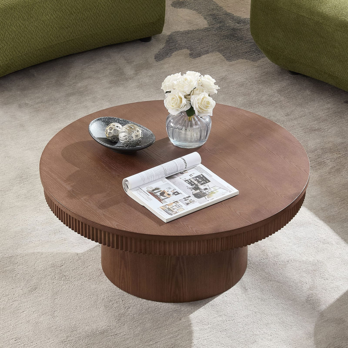 Walnut Round Coffee Table with Wave Trim, MDF for Living Room