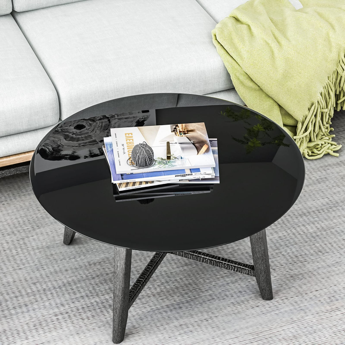 32 Inch Round Tempered Glass Table - Black