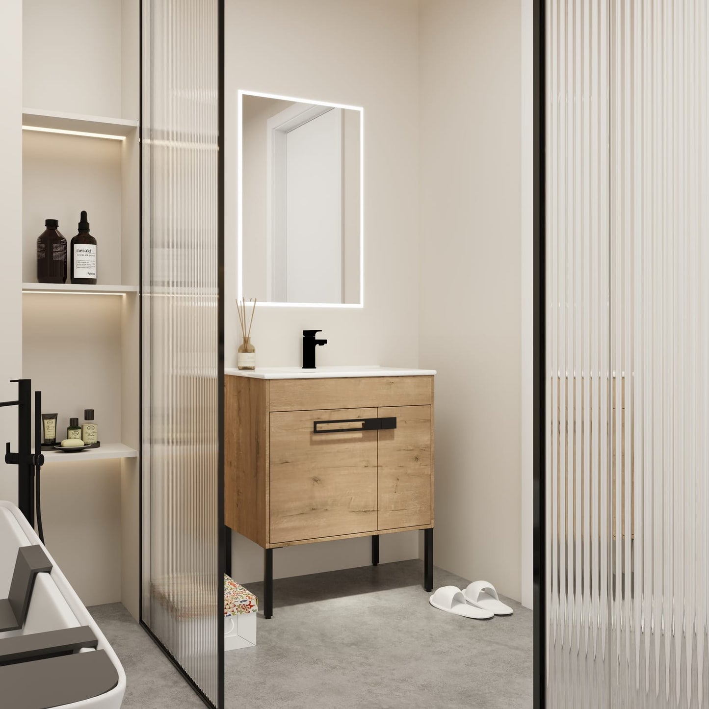 2-Door Imitative Oak Bathroom Vanity - Freestanding Storage
