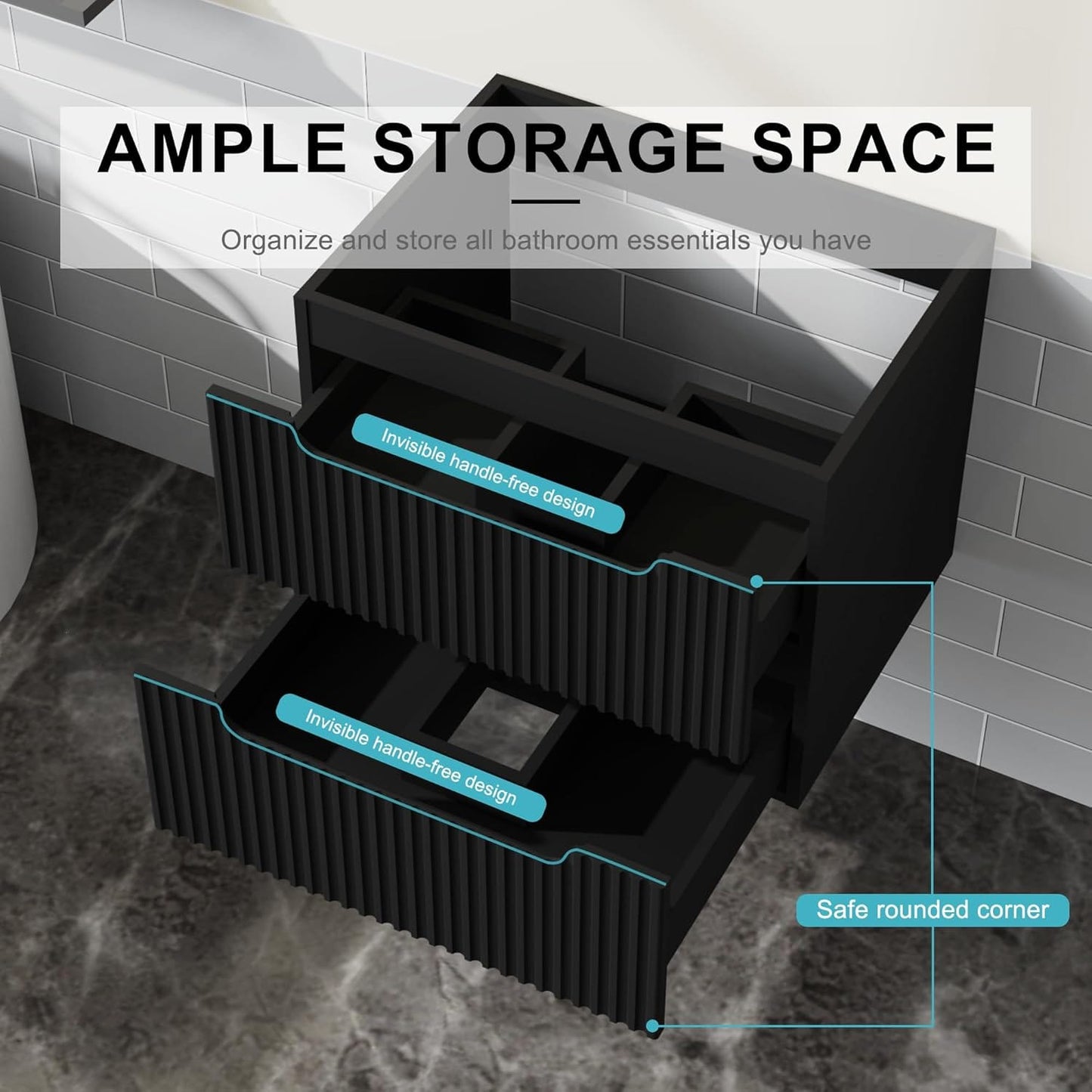 Black MDF Bathroom Vanity Cabinet - 23.6" Floating Storage