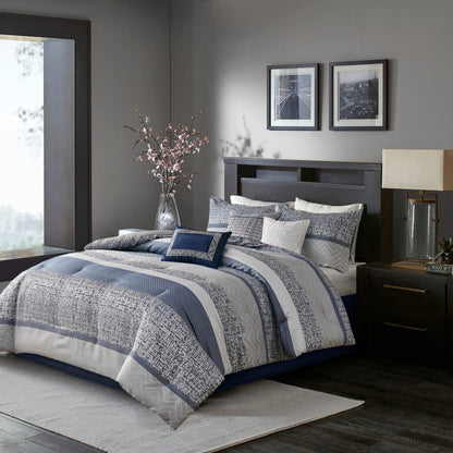 Navy Queen Comforter Set - 7 Piece Jacquard Bedding