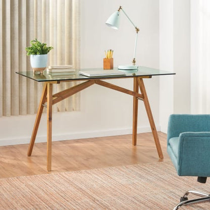 Mid-Century Wood and Glass Office Desk with Acacia Wood Base for Home Office