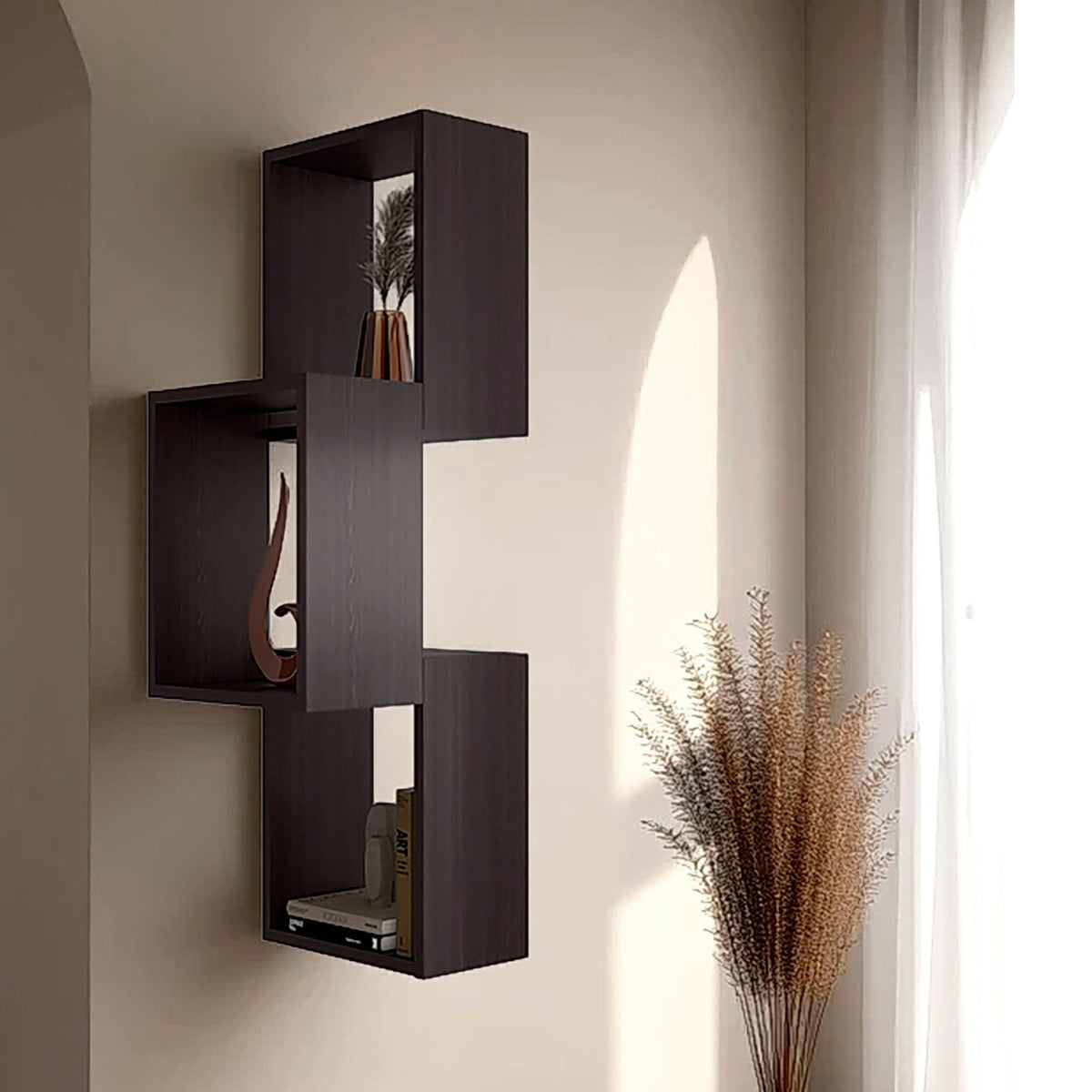 Wenge Wall-Mounted Geometric Shelf Unit - 3 Shelves