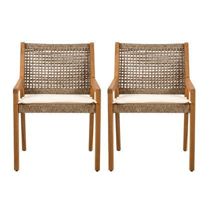 Acacia Wood & Wicker Patio Dining Chairs - Set of 2, Brown Teak Finish
