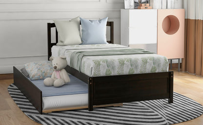 Espresso Solid Wood Platform Bed with Trundle for Guest Sleep for Bedroom