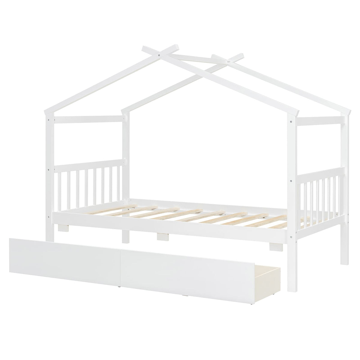 Twin Wooden House Bed with Storage Drawers - White for Bedroom