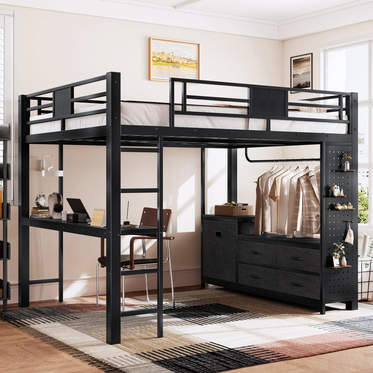 Queen Size Loft Bed with Desk - Black MDF Metal Frame for Bedroom