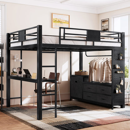 Queen Size Loft Bed with Desk - Black MDF Metal Frame for Bedroom