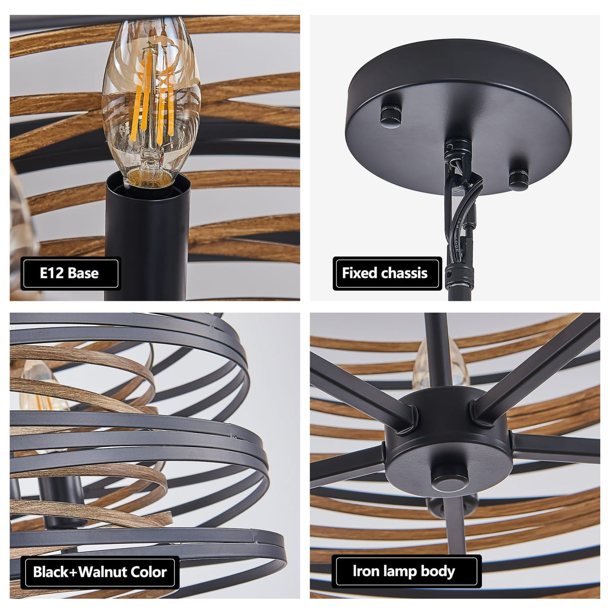 Rustic Industrial Pendant Light - Walnut & Black Metal Cage Chandelier