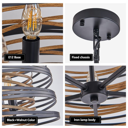 Rustic Industrial Pendant Light - Walnut & Black Metal Cage Chandelier