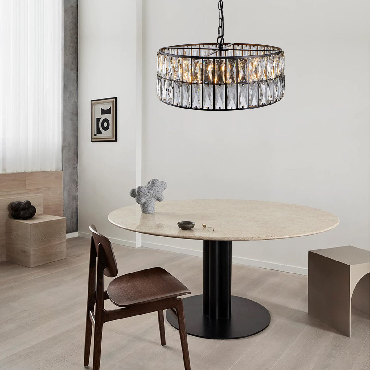 Black Modern Crystal Drum Chandelier - 6 Light Pendant Lighting Fixture