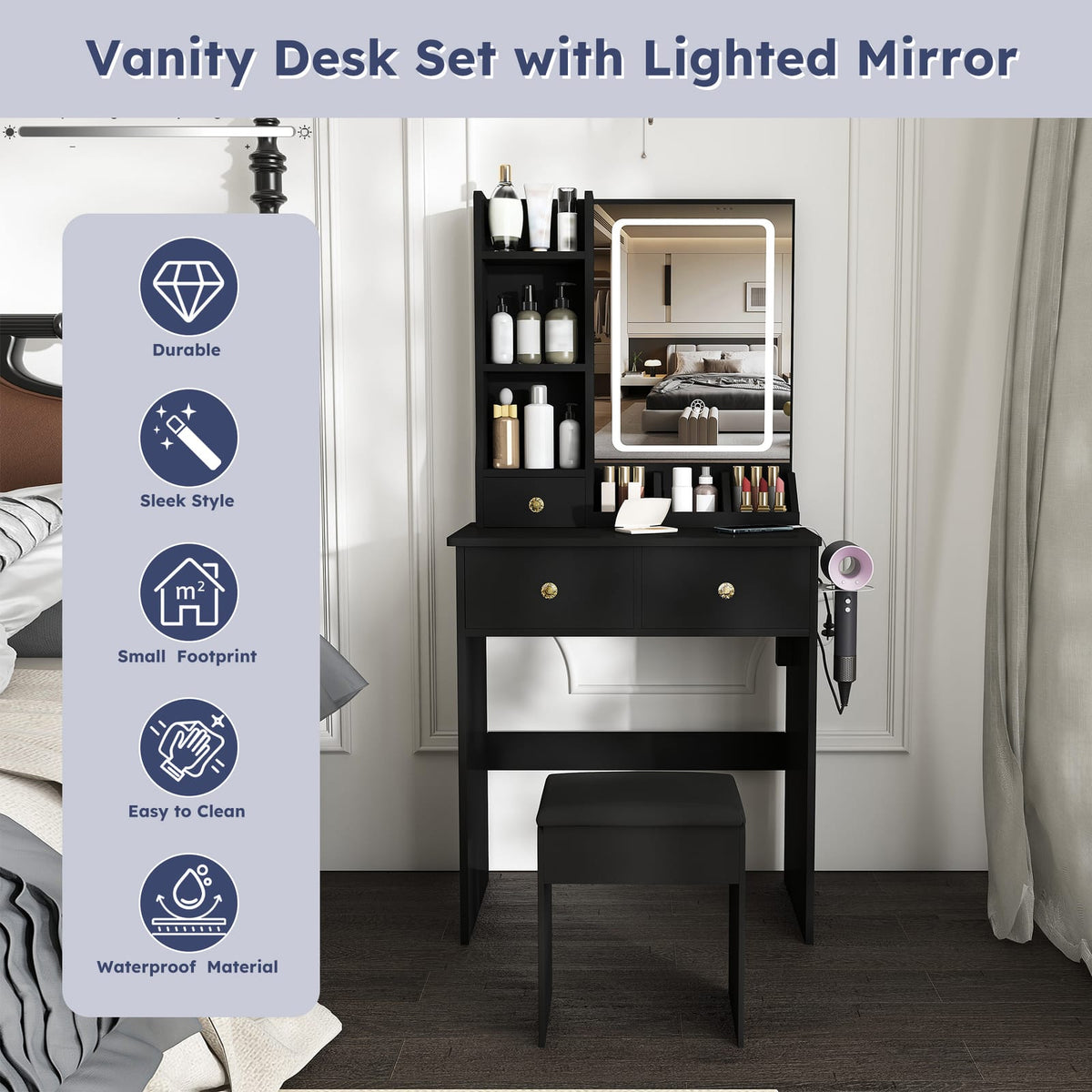 Black 3 Drawer Makeup Vanity with Chair - Bedroom Storage