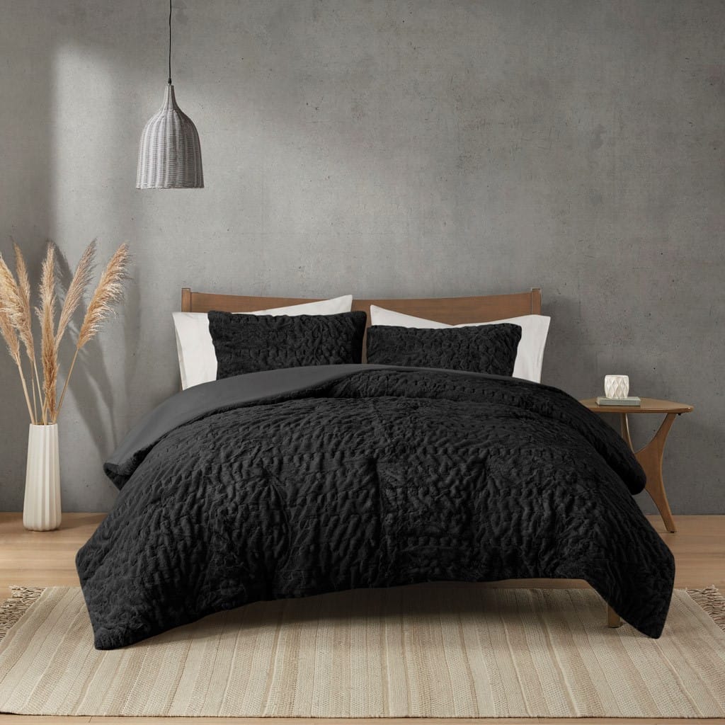 Queen Ruched Fur Comforter Set - Black Polyester