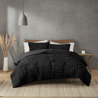 Queen Ruched Fur Comforter Set - Black Polyester