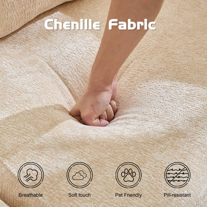 Beige Chenille Convertible Sofa Bed with Memory Foam for Guest Room for Living Room
