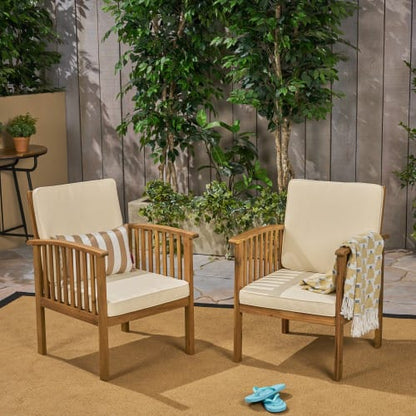 Brown Acacia Wood Patio Set - 2 Club Chairs with Cream Cushions & Foldable Table