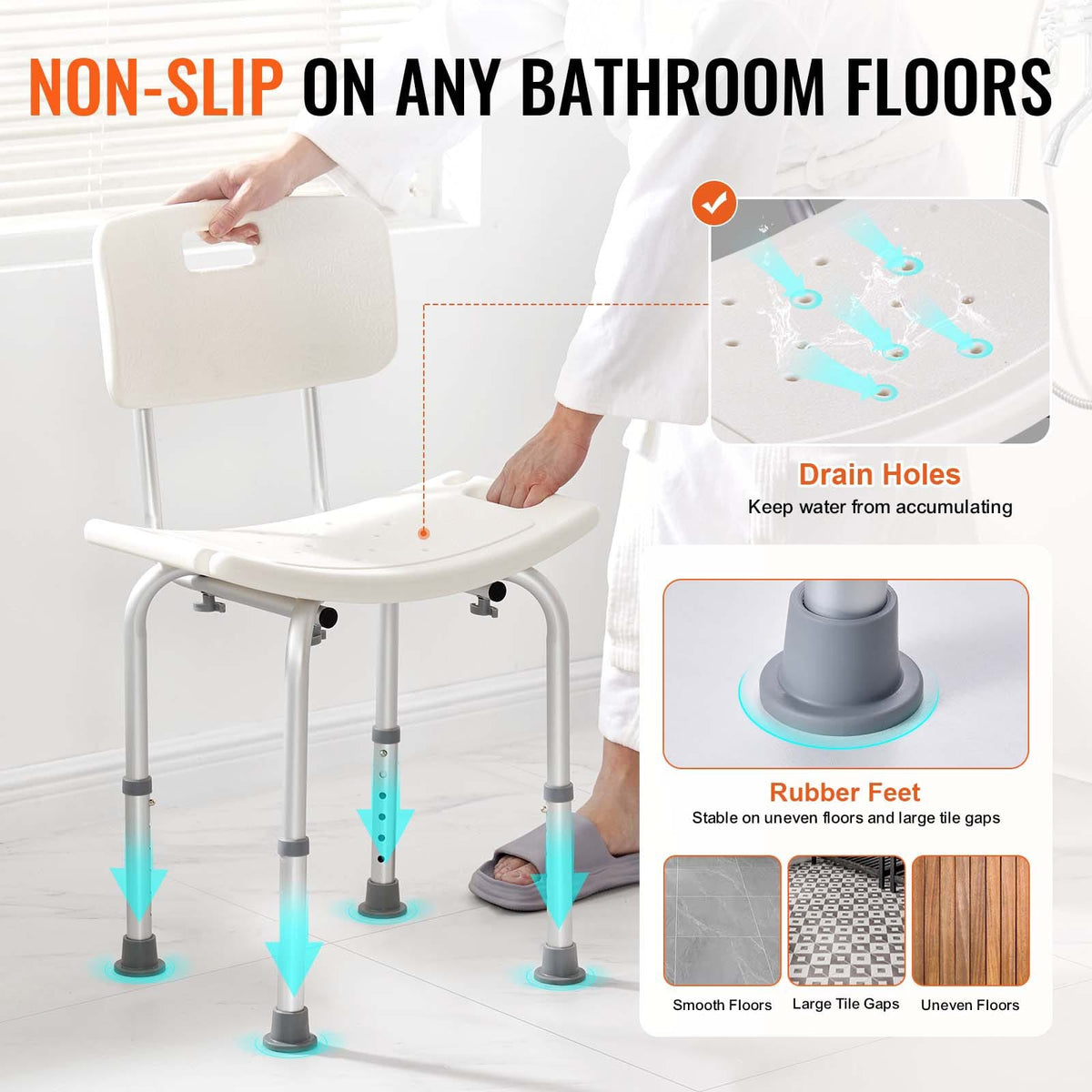 Adjustable Height Shower Chair - 350 LBS Capacity Aluminum Seat