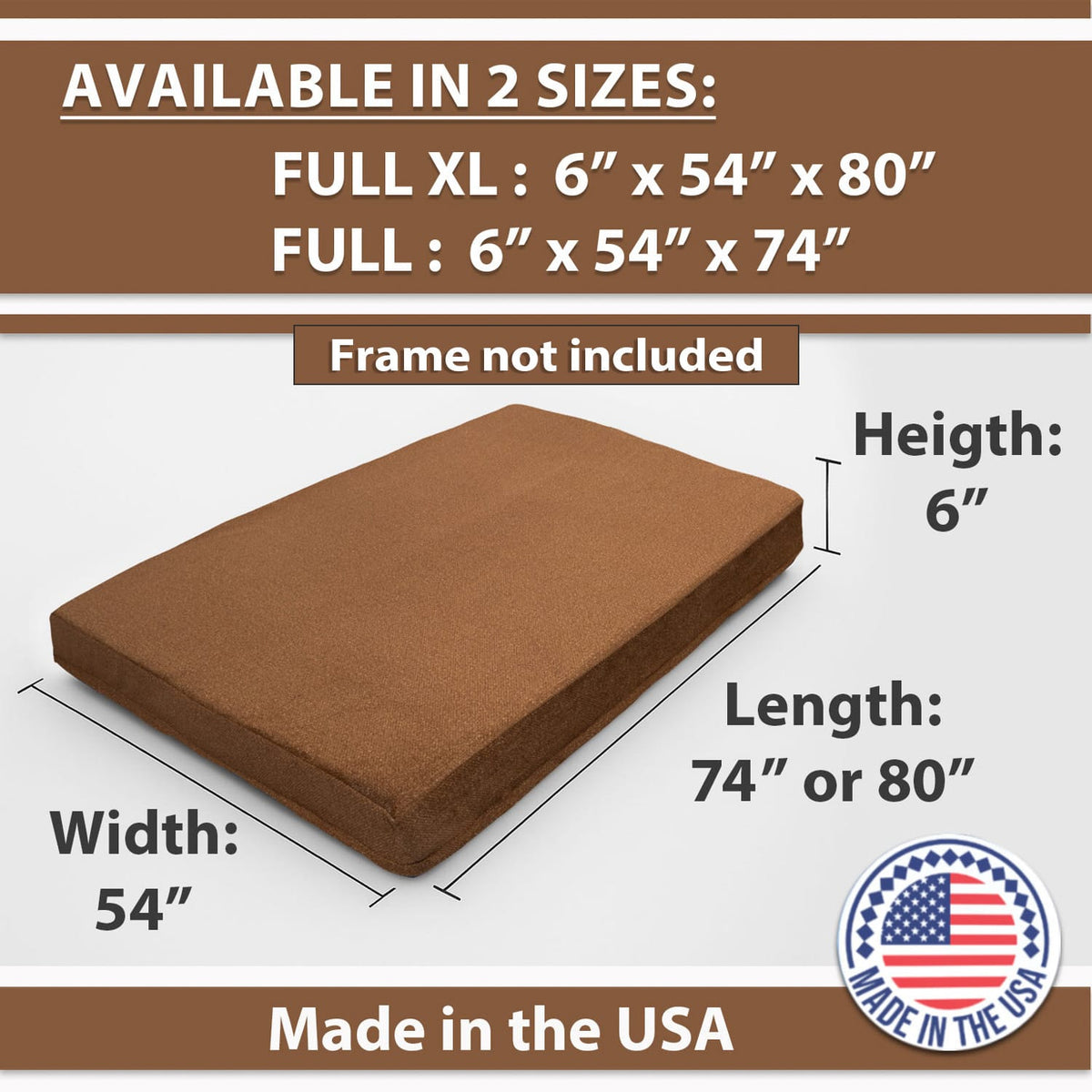 Full XL Memory Foam Futon Mattress Bronze Polyester for Sofa Beds
