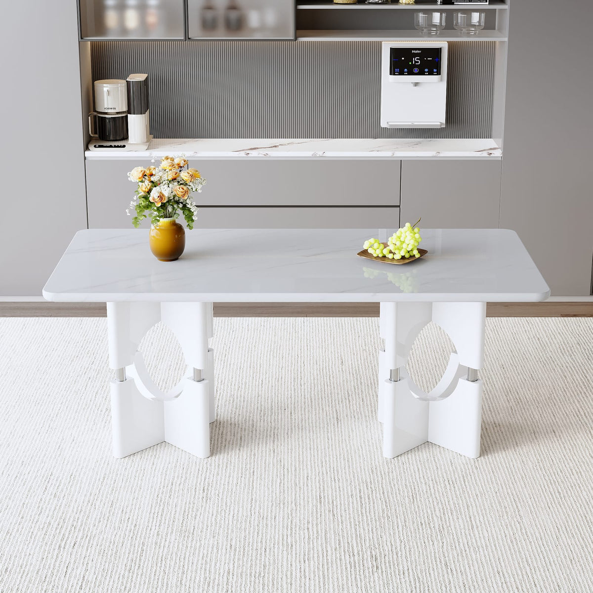 Modern White Dining Table - MDF Marble Style, Compact Design for Dining Room