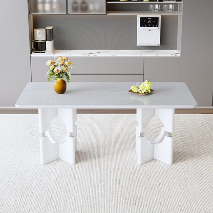 Modern White Dining Table - MDF Marble Style, Compact Design for Dining Room