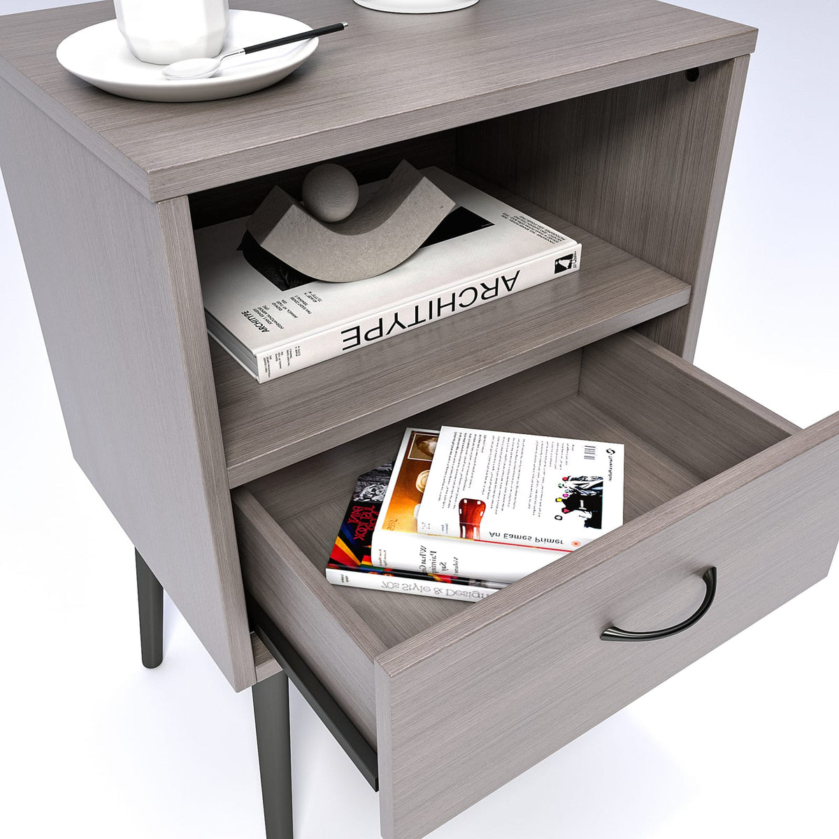 Grey MDF Nightstand with Storage Drawers - Small Bedroom Table